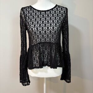 Goth Boho Black Lace Peplum Top Bell Sleeve Sheer High Low Blouse S